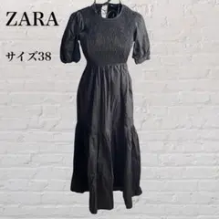 ZARA ティアードワンピース ブラック マキシ丈 シャーリング パフスリーブ