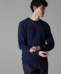 【美品】NANO universe　ネイビー クルーネック セーター Sのサムネイル