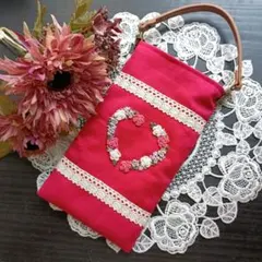 S254 バラと小花のハートリースの刺繍スマホポーチ メガネケース ハンドメイド