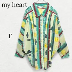 942【総柄シャツブラウス】りんご アップル ストライプ カラフル 派手色 古着