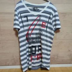 DIESEL グレー/ホワイト ストライプ Tシャツ L