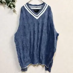 BLACK BROWN 【L】Vネックニット ブルー ゆったりサイズ