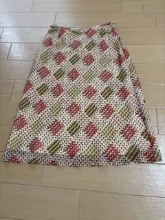 美品 レディース フレアスカート ひざ丈 ベージュ系 柄物 2 9号 Mサイズ