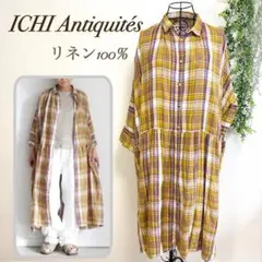 ICHI Antiquités リネン100% チェックシャツワンピース ロング
