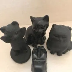 黒曜石 オブシディア 黒色猫の置物3体セットとうさぎ まとめ売り