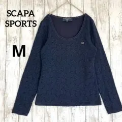 【スキャパ】Uネック総レース長袖Tシャツ　ロンT ネイビーブルーMストレッチのサムネイル