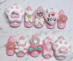 量産型 地雷ガーリー 推し ゆるかわ 肉球 リボン 平成女児ピンクネイルチップ