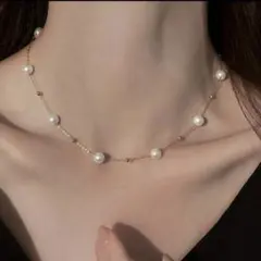 パールネックレス　ステーションネックレス　小粒　華奢　ゴールド　上品　フォーマル