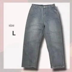 ウエスト調整可 ワイドデニム L ライトブルー ジーンズ ウォッシュ加工 美脚