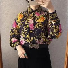 ヴィンテージ 海外古着 バロック柄シアーシャツ スカーフ柄 ネイビー レトロ
