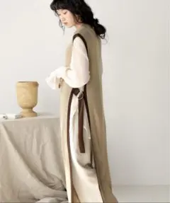 Bab 配色ニットロングベスト