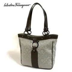 【美品】フェラガモ ガンチーニ トートバッグ グレー シルバー金具 イタリア製
