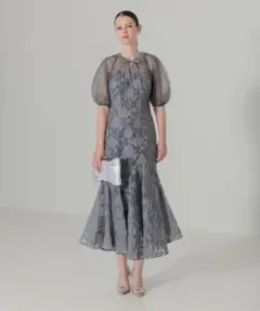 美品♡LEJA パフスリーブ リボンマーメイドシフォンワンピースアシンメトリー