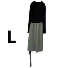 ワンピース 海外古着 【L】 ドッキングワンピ 長袖 リボン付 黒 柄