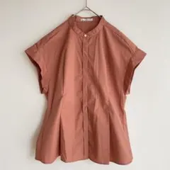 オペークドットクリップ UV バンドカラー ペプラム シャツ ブラウス M 比翼