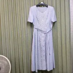 【夏最終特価】ワンピース　ブルーストライプ　 半袖Ｌ　レース　リボン結びベルト付