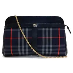 美品BURBERRYSバーバリー ショルダーバッグ 紺 チェーンバッグ チェック