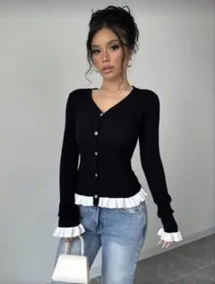 未着用 SHEIN フリル リブ セーター Vネック 長袖 カーディガン