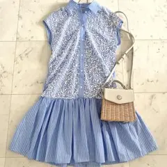 極美品エルマンノフィレンツェ ロゴ入りスパンコールレースシャツフレアワンピースのサムネイル
