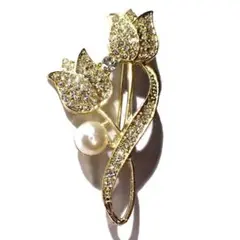 チューリップ　花　ラインストーン　人工パール　ブローチ　バッジ　金色