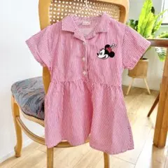 プティマイン ミニーマウス 赤白ストライプ 半袖 シャツワンピース 90