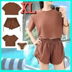 4点セットブラウン XL ショートパンツとTシャツ　ラッシュガードタイプ半袖水着