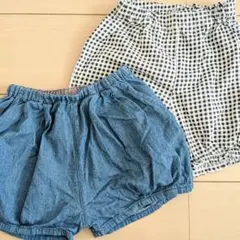 110サイズ　petitmain　デニム色とチェック柄のショートパンツ