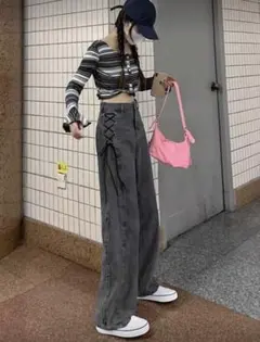 カジュアル クロスオーバー タイ ストレートレッグジーンズ