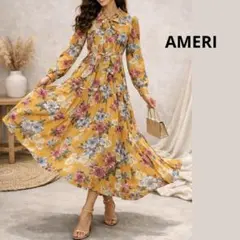 Ameri フラワー プリント ティアード ワンピース ボウタイ マキシ丈