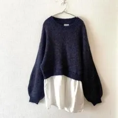 ☆【イリベア】ニット チュニック 異素材 ドッキング ドロップショルダー F