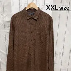 USA古着　コットンシャツ　XXL　ブラウン　総柄　レギュラーカラー　ロゴ　長袖