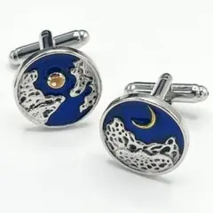 CF040 カフスボタン 月 地球 太陽 夜空 ネイビー シルバー カフリンクス