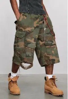 L 迷彩 ハーフパンツ ワイド 幅広 y2k 男女兼用 ダメージ アメカ