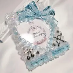 硬質ケーストレカケース 高透明♡ホイップデコ アクアブルー チェーンハートリボン