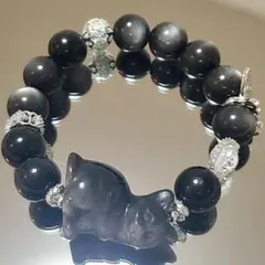 高品質シルバーオブシディアン 猫 黒曜石 デザイン ブレスレット シルバー金具