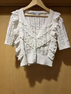 半袖ニット　半袖セーター　アイボリー　フリルニット　ZARA