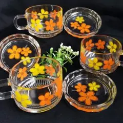 HOYA　保谷クリスタル　デージー柄　ガラスカップ　受皿コースター豆皿　３名６点