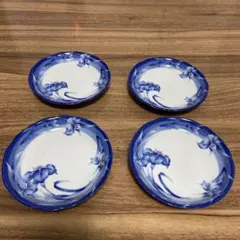食器　丸皿　平皿　アンティーク　4枚セット　皿　お花柄　紺色