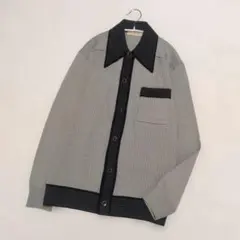 希少 70s風 ヴィンテージ ニットカーディガン 襟付 総柄 グレー L レトロ