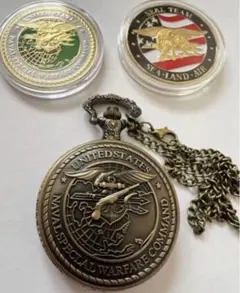 米軍海軍特殊部隊Navy seals純金メッキチャレンジコインと純銅懐中時計3点のサムネイル