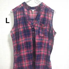 ノースリーブ チェック ピンク 青 シャツ L 春 夏 海外古着