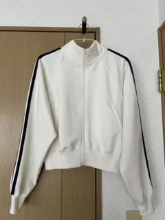 ホワイト ジップアップジャケット ネイビーストライプ