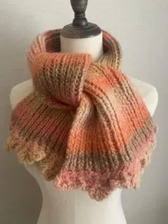 優しいお色目フリル可愛いピンクベージュライトオレンジグラデーションマフラー手編み