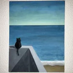 黒猫　風景　アクリル画　原画