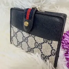 상태좋음 オールドグッチ がま口二つ折り財布 ネイビー シェリーライン 刻印有