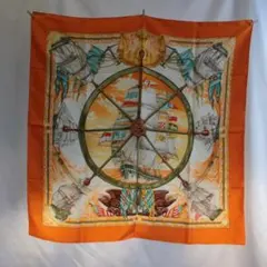 エルメス HERMES シルクスカーフ 大判89cm 船柄 オレンジ カレ90