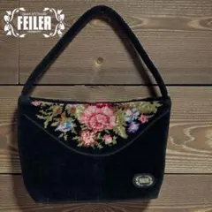FEILER /フェイラー シュニール織 ハンドバッグ 黒×花柄 美品