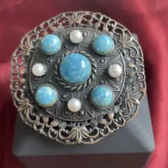【33】ヴィンテージブローチ　ターコイズ風ガラスストーン　アンティーク感