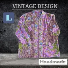 ヴィンテージデザイン 和柄 シャツ Lサイズ　ノーカラー　紫　長袖 柄シャツ