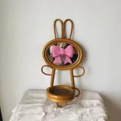 ラタン壁掛け鏡　スタンドミラー　ウサギ　レトロ　アンティーク